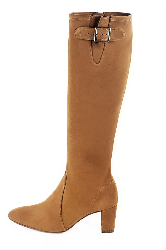 Camel beige women's knee-high boots with buckles. Round toe. Medium block heels. Made to measure. Profile view - Florence KOOIJMAN